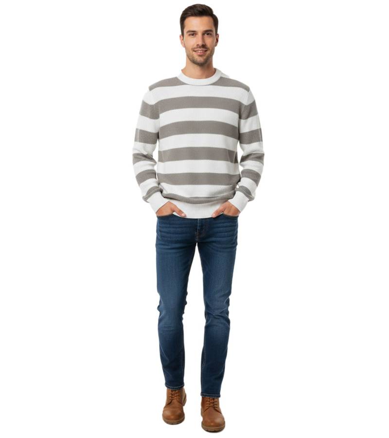 Stylischer ESPRIT Herren Strick-Pullover mit Streifen Rundhals-Sweater Baumwoll-Pullover Weiß/Grau von ESPRIT