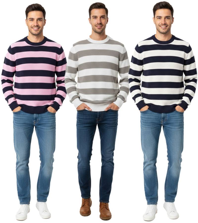 Stylischer ESPRIT Herren Strick-Pullover mit Streifen Rundhals-Sweater Baumwoll-Pullover in Dunkelblau/Rosa, Weiß/Grau oder Dunkelblau/Weiß von ESPRIT