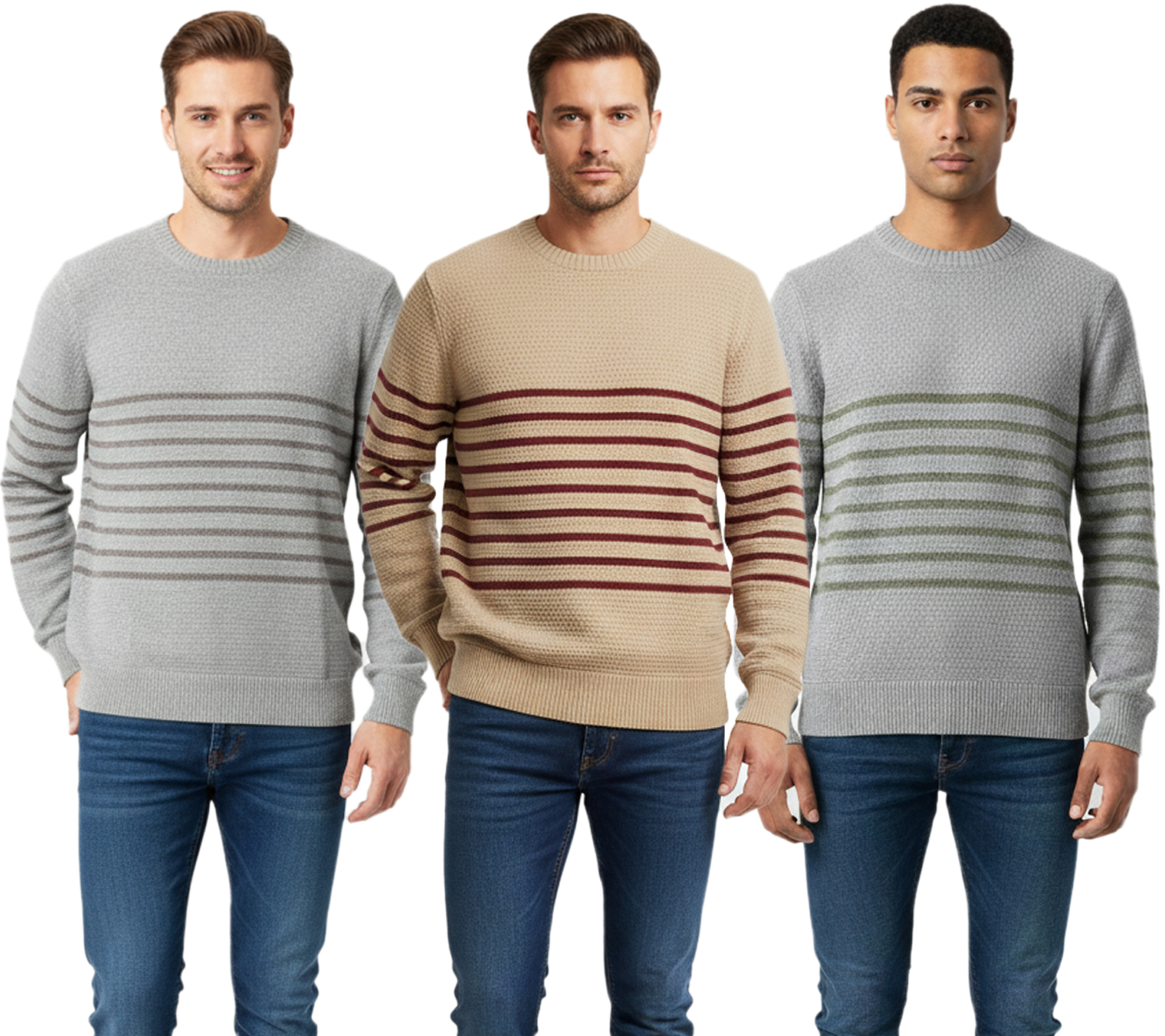 Stylischer ESPRIT Herren Strick-Pullover mit Streifen Rundhals-Sweater Baumwoll-Pullover in Grau/Dunkelgrau, Beige/Bordeaux oder Grau/Grün von ESPRIT