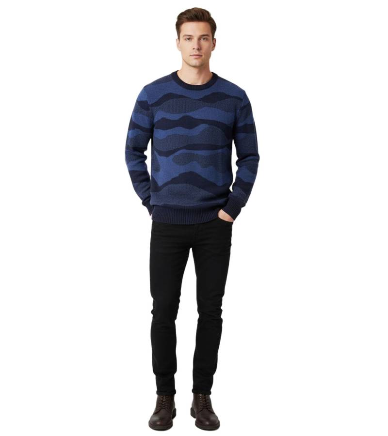 Stylischer ESPRIT Herren Strick-Pullover mit Wellen-Muster Rundhals-Sweater Baumwoll-Pullover Blau von ESPRIT