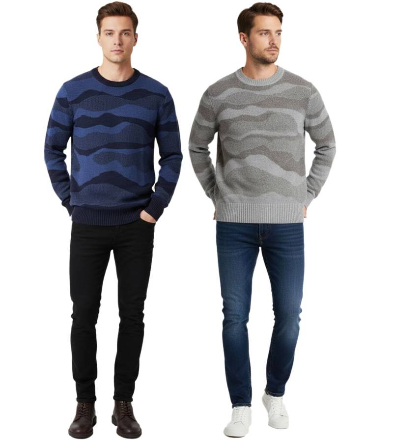 Stylischer ESPRIT Herren Strick-Pullover mit Wellen-Muster Rundhals-Sweater Baumwoll-Pullover in Grau oder Blau von ESPRIT