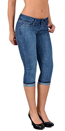 ESRA Damen Capri Jeans Hose Tiefer Bund Caprihose Blumenstickerei Kurze Jeans Hose bis Übergröße J470 von ESRA