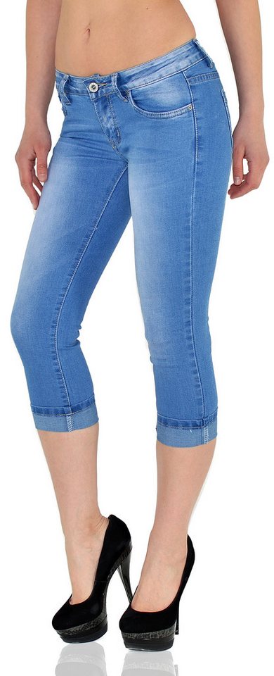 ESRA Caprijeans Damen 3/4 Jeans Hüftjeans niedrige Leibhöhe Damen 3/4 Hose Tief Bund Damen Capri Jeans Low Waist bis Übergröße Plus Size Große Größe Shorts von ESRA