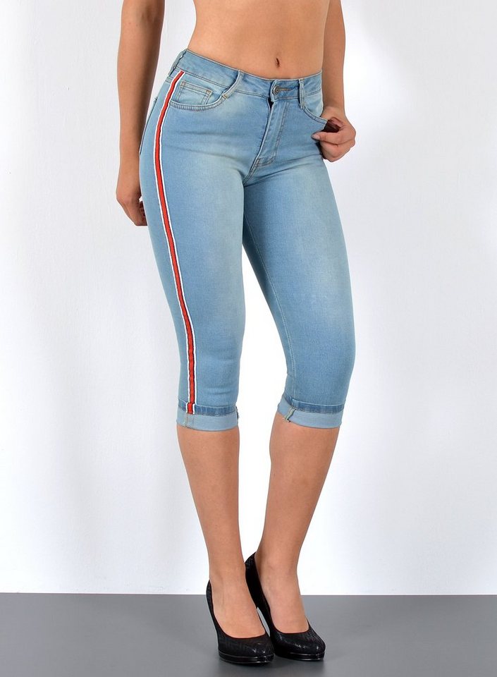 ESRA Caprijeans 3/4 Jeans Hose Capri Jeans mit Seitenstreifen High Waist Capri Jeans Damen 3/4 Hose mit Galon-Streifen bis Plus Size von ESRA