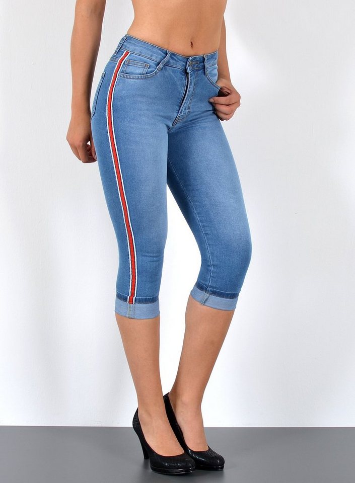 ESRA Caprijeans 3/4 Jeans Hose Capri Jeans mit Seitenstreifen High Waist Capri Jeans Damen 3/4 Hose mit Galon-Streifen bis Plus Size von ESRA