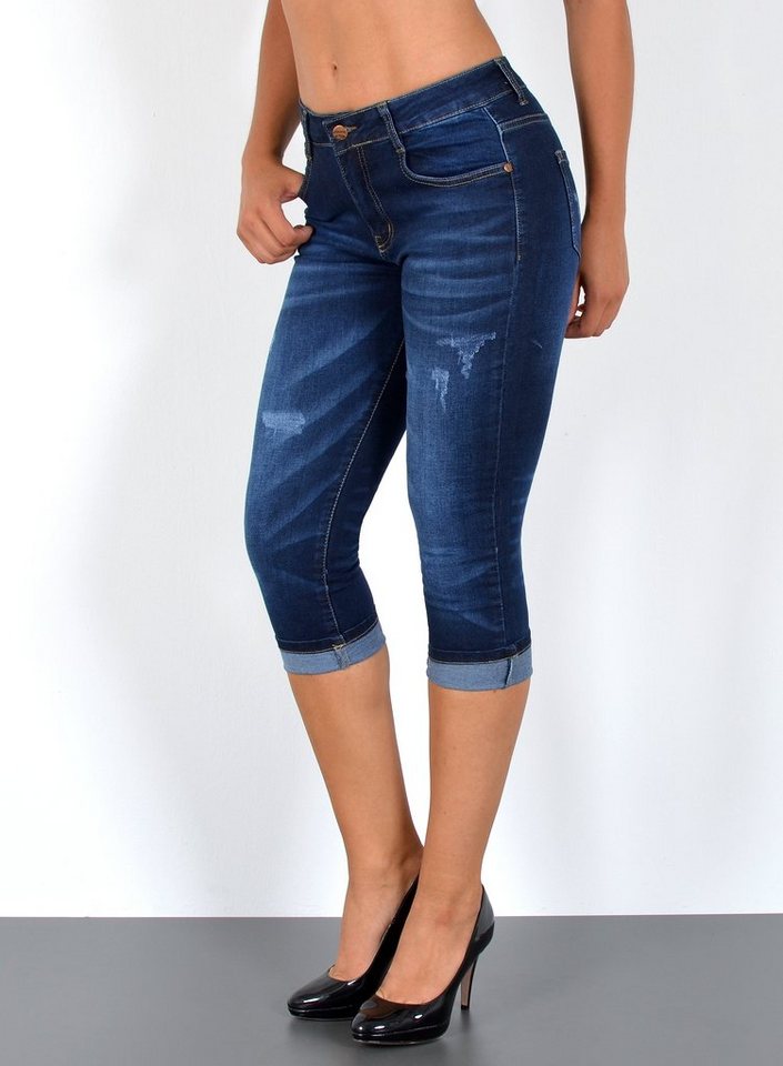 ESRA Caprijeans J374 Damen Capri Jeans High Waist, bis Übergröße / Plussize Größe, Damen Capri Taillenjeans mit hoher Leibhöhe bis übergröße, Damen 3/4 Jeans Hose Hoch Bund, mit Blumen Muster und Rissen, Damen Jeans Caprihose Destroyed von ESRA