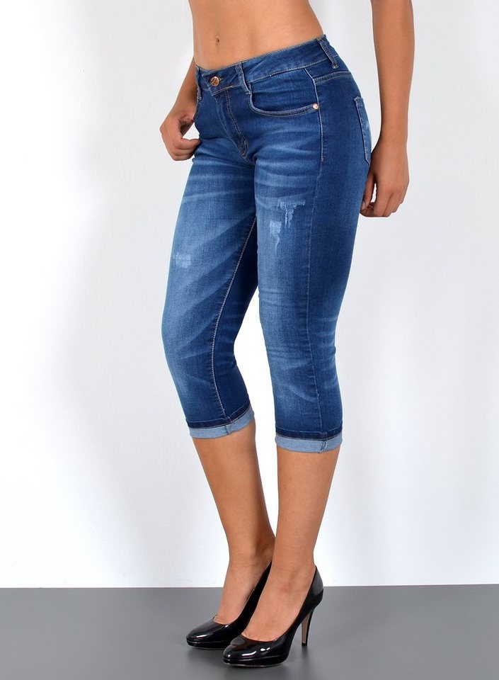 ESRA Caprijeans J374 Damen Capri Jeans High Waist, bis Übergröße / Plussize Größe, Damen Capri Taillenjeans mit hoher Leibhöhe bis übergröße, Damen 3/4 Jeans Hose Hoch Bund, mit Blumen Muster und Rissen, Damen Jeans Caprihose Destroyed von ESRA