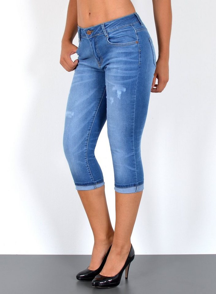 ESRA Caprijeans J374 Damen Capri Jeans High Waist, bis Übergröße / Plussize Größe, Damen Capri Taillenjeans mit hoher Leibhöhe bis übergröße, Damen 3/4 Jeans Hose Hoch Bund, mit Blumen Muster und Rissen, Damen Jeans Caprihose Destroyed von ESRA