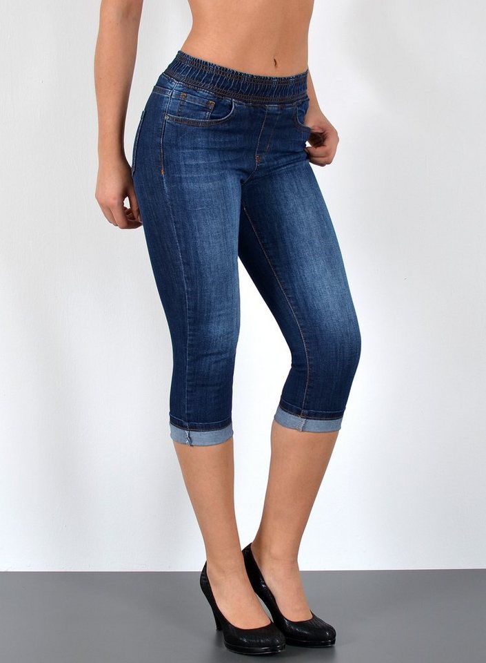 ESRA Caprijeans J460 High Waist Capri Jeans mit elastischem Gummibund, bis Übergröße / Plussize Größe, Damen 3/4 Capri Jeans Hose Hochbund mit elstischem Gummizug, Damen Caprijeans High Rise mit Gummi, 3/4 Jeans Capri Hose Taillen Jeans mit Stretch bis Große Größe von ESRA