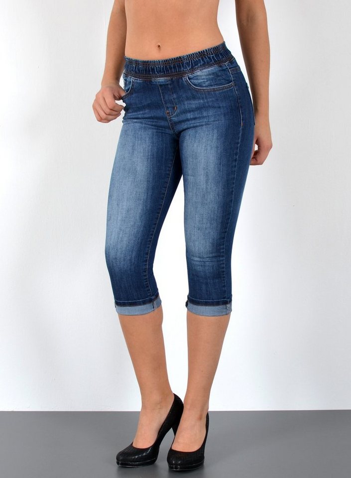 ESRA Caprijeans J460 High Waist Capri Jeans mit elastischem Gummibund, bis Übergröße / Plussize Größe, Damen 3/4 Capri Jeans Hose Hochbund mit elstischem Gummizug, Damen Caprijeans High Rise mit Gummi, 3/4 Jeans Capri Hose Taillen Jeans mit Stretch bis Große Größe von ESRA