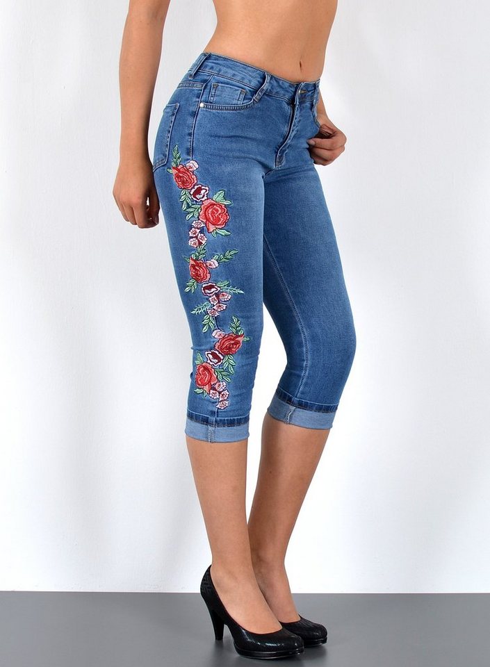 ESRA Caprijeans J470 Damen Capri Jeans Low Waist, bis Übergröße / Plussize Größe, Damen 3/4 Capri Hüftjeans mit niedriger Leibhöhe bis Übergröße, Damen 3/4 Jeans Hose Tief Bund von ESRA