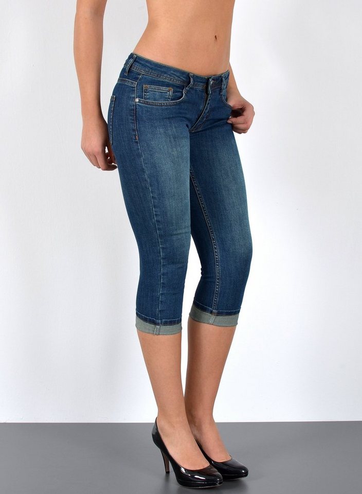 ESRA Caprijeans J470 Damen Capri Jeans Low Waist, bis Übergröße / Plussize Größe, Damen 3/4 Capri Hüftjeans mit niedriger Leibhöhe bis Übergröße, Damen 3/4 Jeans Hose Tief Bund von ESRA