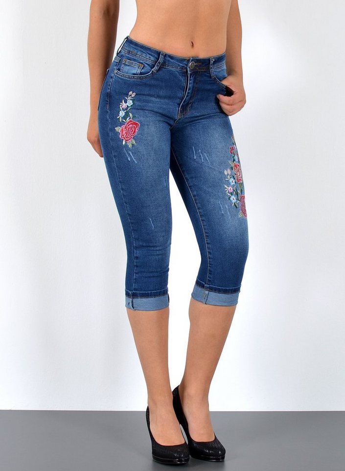 ESRA Caprijeans J470 Damen Capri Jeans Low Waist, bis Übergröße / Plussize Größe, Damen 3/4 Capri Hüftjeans mit niedriger Leibhöhe bis Übergröße, Damen 3/4 Jeans Hose Tief Bund von ESRA