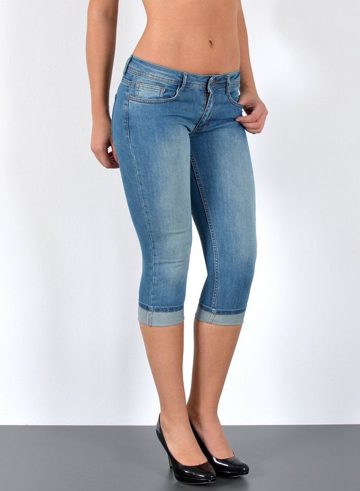 ESRA Caprijeans J470 Damen Capri Jeans Low Waist, bis Übergröße / Plussize Größe, Damen 3/4 Capri Hüftjeans mit niedriger Leibhöhe bis Übergröße, Damen 3/4 Jeans Hose Tief Bund von ESRA