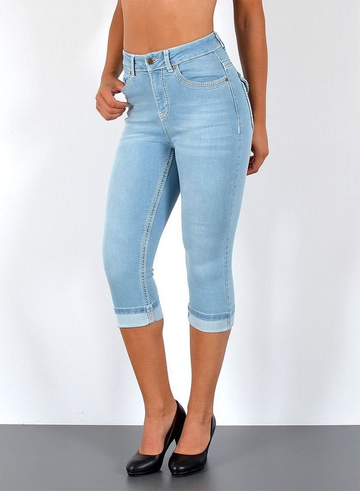 ESRA Caprijeans J563 Damen High Waist Capri Jeans mit dicker Naht, bis Übergröße / Plussize Größe, Damen 3/4 Capri Jeans-Hose Hochbund mit Kontrastnähte, bis Große Größen, Damen Caprijeans High Rise mit weißer Doppelnaht von ESRA