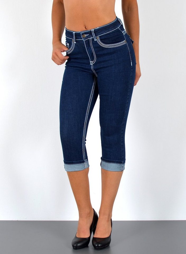 ESRA Caprijeans J563 Damen High Waist Capri Jeans mit dicker Naht, bis Übergröße / Plussize Größe, Damen 3/4 Capri Jeans-Hose Hochbund mit Kontrastnähte, bis Große Größen, Damen Caprijeans High Rise mit weißer Doppelnaht von ESRA