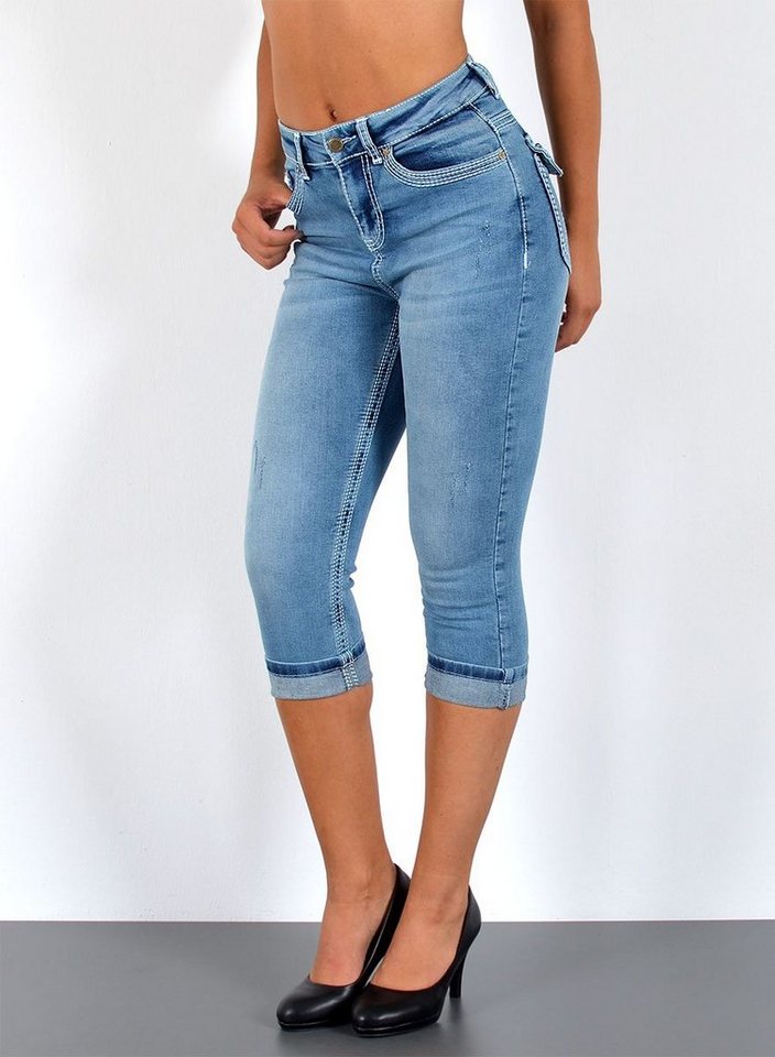 ESRA Caprijeans J563 Damen High Waist Capri Jeans mit dicker Naht, bis Übergröße / Plussize Größe, Damen 3/4 Capri Jeans-Hose Hochbund mit Kontrastnähte, bis Große Größen, Damen Caprijeans High Rise mit weißer Doppelnaht von ESRA