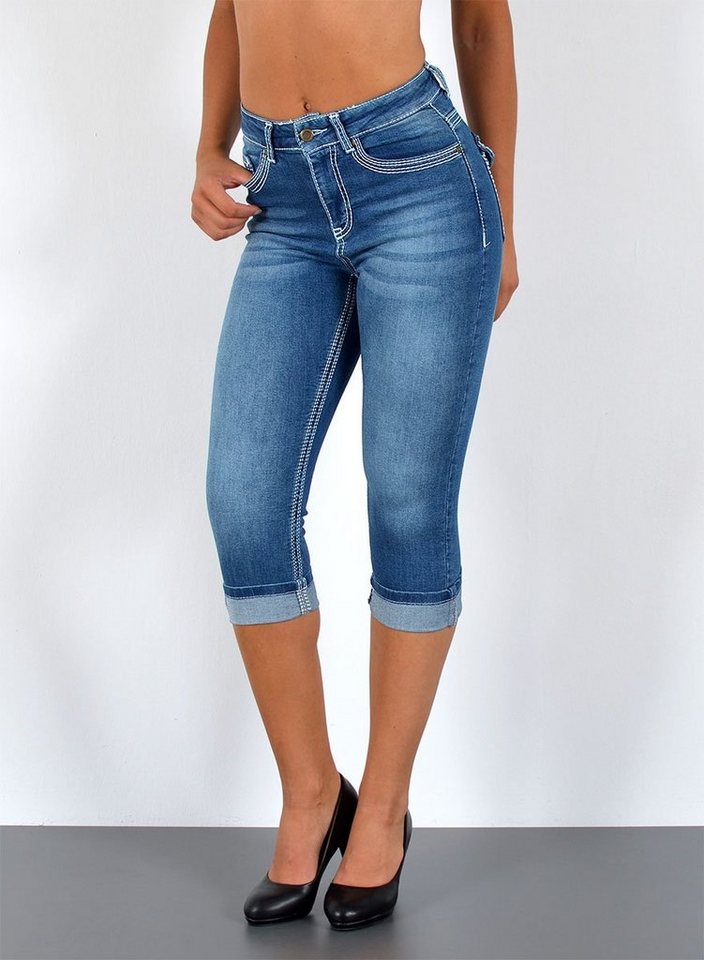 ESRA Caprijeans J563 Damen High Waist Capri Jeans mit dicker Naht, bis Übergröße / Plussize Größe, Damen 3/4 Capri Jeans-Hose Hochbund mit Kontrastnähte, bis Große Größen, Damen Caprijeans High Rise mit weißer Doppelnaht von ESRA