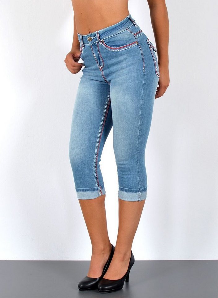 ESRA Caprijeans J569 Damen High Waist Capri Jeans mit dicker Naht, bis Übergröße / Plussize Größe, Damen 3/4 Capri Jeans-Hose Hochbund mit Kontrastnähte, bis Große Größen, Damen Caprijeans High Rise mit weißer & roter Doppelnaht von ESRA