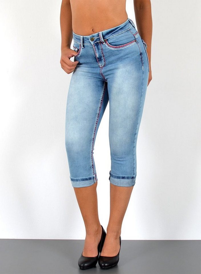 ESRA Caprijeans J569 Damen High Waist Capri Jeans mit dicker Naht, bis Übergröße / Plussize Größe, Damen 3/4 Capri Jeans-Hose Hochbund mit Kontrastnähte, bis Große Größen, Damen Caprijeans High Rise mit weißer & roter Doppelnaht von ESRA