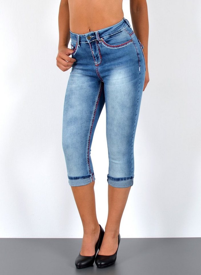 ESRA Caprijeans J569 Damen High Waist Capri Jeans mit dicker Naht, bis Übergröße / Plussize Größe, Damen 3/4 Capri Jeans-Hose Hochbund mit Kontrastnähte, bis Große Größen, Damen Caprijeans High Rise mit weißer & roter Doppelnaht von ESRA