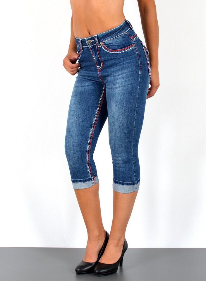 ESRA Caprijeans J569 Damen High Waist Capri Jeans mit dicker Naht, bis Übergröße / Plussize Größe, Damen 3/4 Capri Jeans-Hose Hochbund mit Kontrastnähte, bis Große Größen, Damen Caprijeans High Rise mit weißer & roter Doppelnaht von ESRA