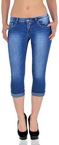 ESRA Damen Capri Jeans Hose Tiefer Bund Caprihose Blumenstickerei Kurze Jeans Hose bis Übergröße J470 von ESRA