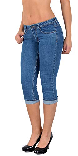 ESRA Damen Capri Jeans Hose Tiefer Bund Caprihose Blumenstickerei Kurze Jeans Hose bis Übergröße J470 von ESRA