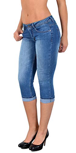 ESRA Damen Capri Jeans Hose Tiefer Bund Caprihose Blumenstickerei Kurze Jeans Hose bis Übergröße J470 von ESRA