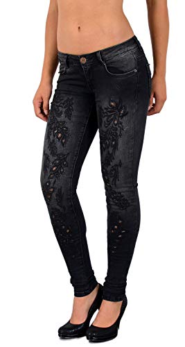 ESRA Damen Jeans Jeanshose Damen Hose mit Spitze Strass und Blumenstickerei bis Übergrösse J53 von ESRA