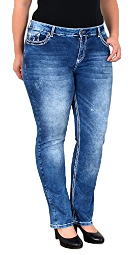 ESRA Damen Jeans Straight High-Waist Fit Dicke Naht Jeanshose bis Übergröße Plussize Große Größen Hose Gerade Schnitt Hoch-Bund Leg Stretch FG11, Blau J320 von ESRA