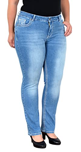 ESRA Damen Jeans Straight High-Waist Fit Dicke Naht Jeanshose bis Übergröße Plussize Große Größen Hose Gerade Schnitt Hoch-Bund Leg Stretch FG11, Hellblau J05, 52 von ESRA