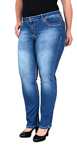 ESRA Damen Jeans Straight High-Waist Fit Dicke Naht Jeanshose bis Übergröße Plussize Große Größen Hose Gerade Schnitt Hoch-Bund Leg Stretch FJ755, Blau Rot J540, 48 von ESRA