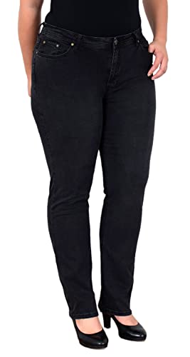 ESRA Damen Jeans Straight High-Waist Fit Jeans-Hose bis Übergröße Plussize Große Größen Gerade Schnitt Hose Hoch-Bund Leg Stretch hoher Bund FG5, Schwarz J580, 36 von ESRA