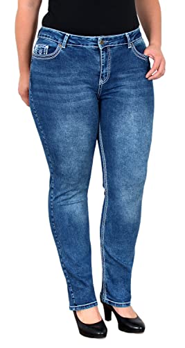 ESRA Damen Jeans Straight High-Waist Fit Naht Jeanshose bis Übergröße Plussize Große Größen Hose Gerade Schnitt Hoch-Bund Leg Stretch FG11, Blau J31 von ESRA