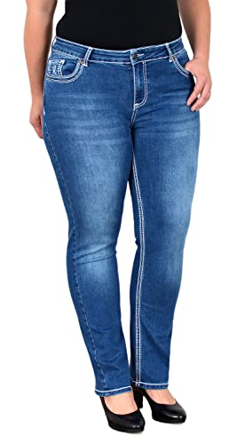 ESRA Damen Jeans Straight High-Waist Fit Dicke Naht Jeanshose bis Übergröße Plussize Große Größen Hose Gerade Schnitt Hoch-Bund Leg Stretch FG11, Jeansblau J52, 42 von ESRA