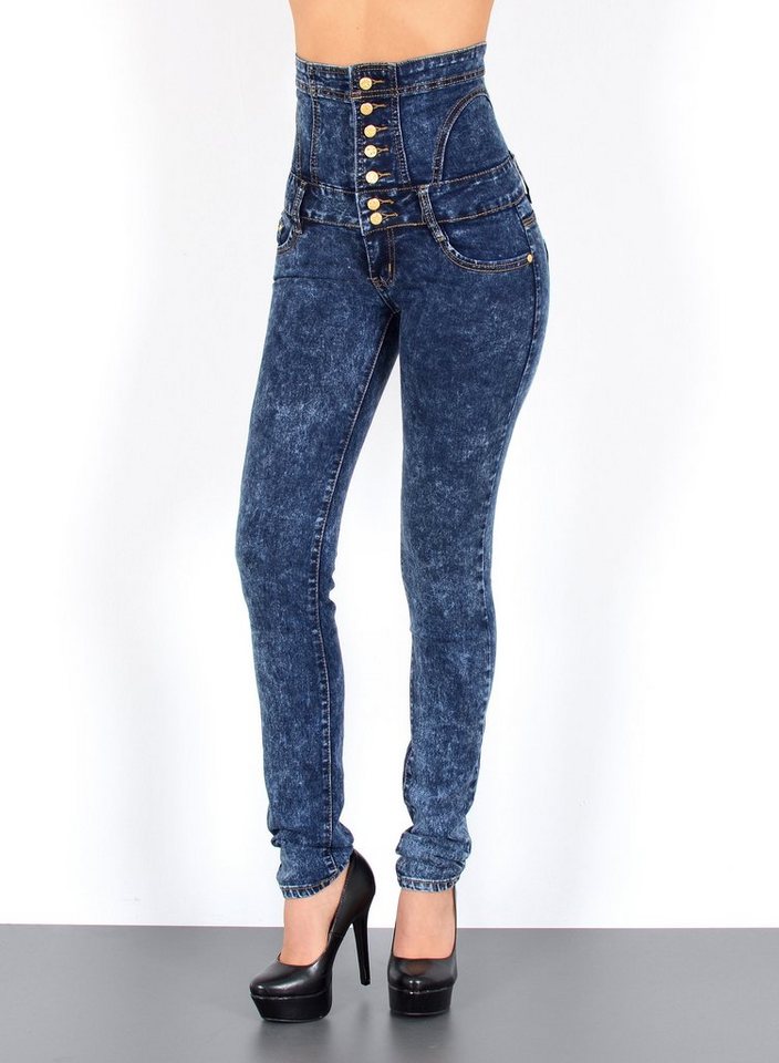 ESRA Skinny-fit-Jeans J11 Damen Skinny Jeans, Damen High Waist Jeans, Damen Jeans Hose mit 7 Knöpfen, High Waist Skinny Jeans 7-Knopf, Enge Röhrenjeans mit hohem Bund und Push Up, Damen Stretch Jeans hohe Leibhöhe, Skinny Jeans Damen High Waist, bis Übergröße Plussize Große Größe von ESRA