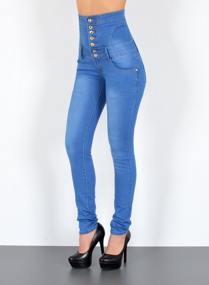 ESRA Skinny-fit-Jeans J11 Damen Skinny Jeans, Damen High Waist Jeans, Damen Jeans Hose mit 7 Knöpfen, High Waist Skinny Jeans 7-Knopf, Enge Röhrenjeans mit hohem Bund und Push Up, Damen Stretch Jeans hohe Leibhöhe, Skinny Jeans Damen High Waist, bis Übergröße Plussize Große Größe von ESRA