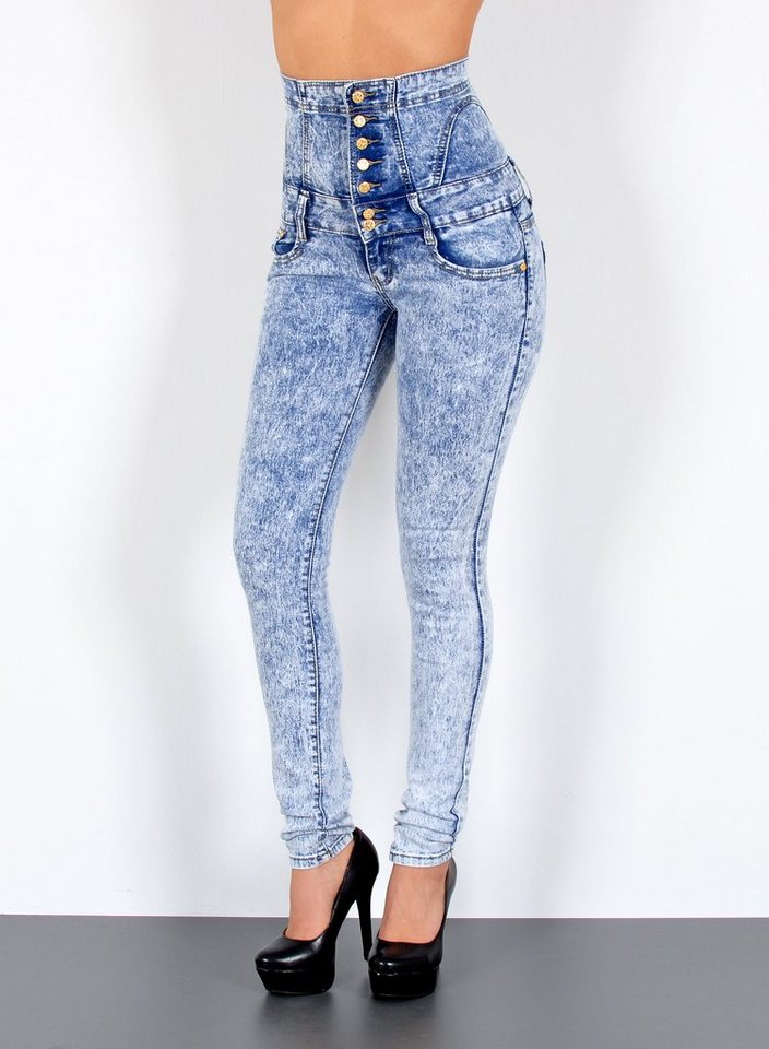 ESRA Skinny-fit-Jeans J11 Damen Skinny Jeans, Damen High Waist Jeans, Damen Jeans Hose mit 7 Knöpfen, High Waist Skinny Jeans 7-Knopf, Enge Röhrenjeans mit hohem Bund und Push Up, Damen Stretch Jeans hohe Leibhöhe, Skinny Jeans Damen High Waist, bis Übergröße Plussize Große Größe von ESRA