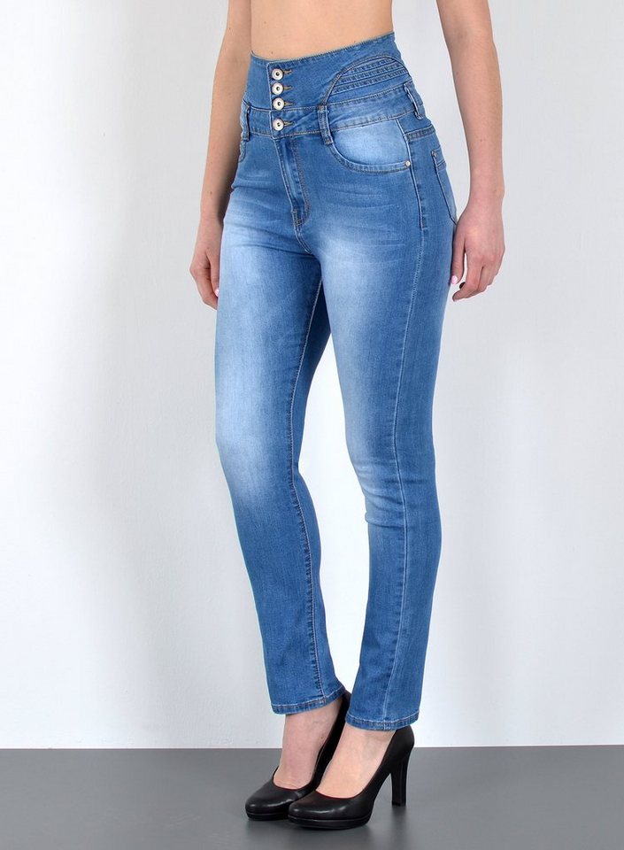 ESRA Skinny-fit-Jeans J22 Damen Skinny Jeans, Damen High Waist Jeanshose, Damen Jeans Hose mit 4-Knöpfen, Skinny Fit Jeans mit Stretch und hohem Bund, Damen Skinny Fit Jeans Hose High Waist mit Push Up, Damen Jeanshose mit mehreren Knöpfen, bis Übergröße Plussize Große Größen, Sehr enge Damen Röhrenjeans mit hoher Leibhöhe, Jeans Skinny Damen Hose von ESRA