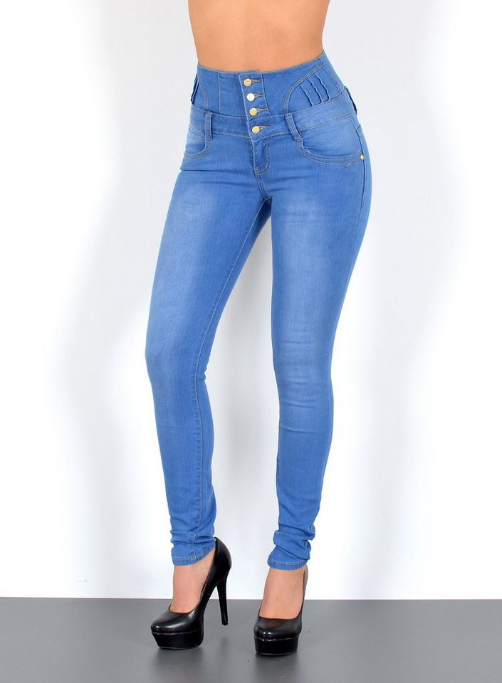 ESRA Skinny-fit-Jeans J22 Damen Skinny Jeans, Damen High Waist Jeanshose, Damen Jeans Hose mit 4-Knöpfen, Skinny Fit Jeans mit Stretch und hohem Bund, Damen Skinny Fit Jeans Hose High Waist mit Push Up, Damen Jeanshose mit mehreren Knöpfen, bis Übergröße Plussize Große Größen, Sehr enge Damen Röhrenjeans mit hoher Leibhöhe, Jeans Skinny Damen Hose von ESRA