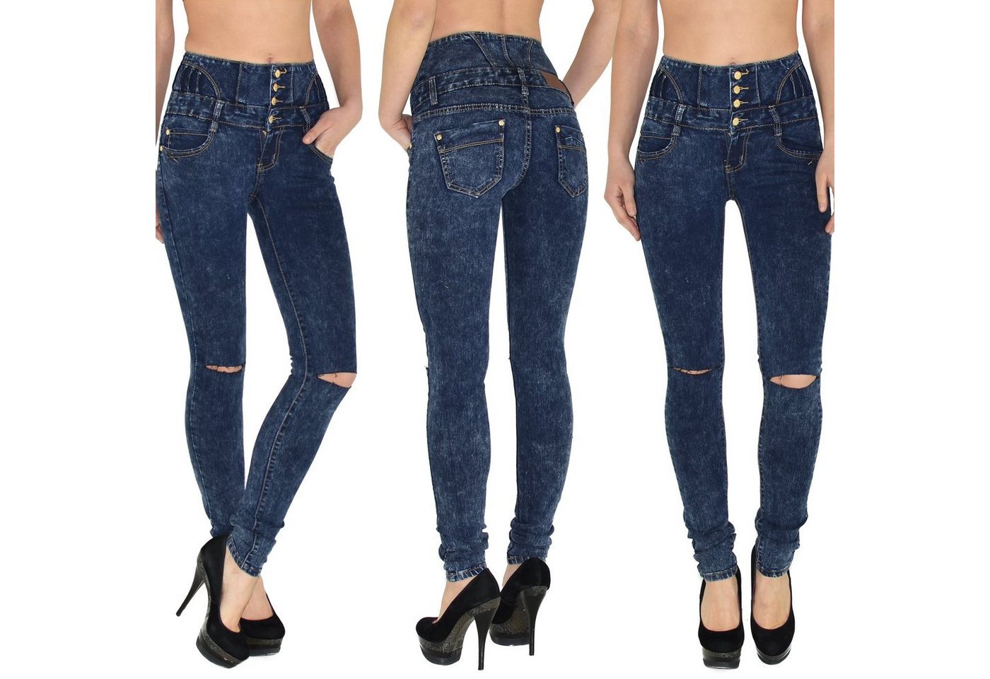 ESRA Skinny-fit-Jeans J22 Risse Damen Skinny Jeans, Damen High Waist Jeanshose, Damen Destroyed Jeans Hose mit 4-Knöpfen, Destroyed Skinny Fit Jeans mit Stretch und hohem Bund, Damen Skinny Fit Jeans Hose High Waist mit 4 Knopf, Damen Jeanshose mit Risse und mehreren Knöpfen, bis Übergröße Plussize Große Größen, Sehr enge Damen Röhrenjeans mit hoher Leibhöhe, Jeans Skinny Damen Hose High Waist von ESRA