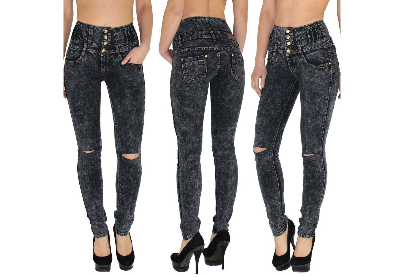 ESRA Skinny-fit-Jeans J22 Risse Damen Skinny Jeans, Damen High Waist Jeanshose, Damen Destroyed Jeans Hose mit 4-Knöpfen, Destroyed Skinny Fit Jeans mit Stretch und hohem Bund, Damen Skinny Fit Jeans Hose High Waist mit 4 Knopf, Damen Jeanshose mit Risse und mehreren Knöpfen, bis Übergröße Plussize Große Größen, Sehr enge Damen Röhrenjeans mit hoher Leibhöhe, Jeans Skinny Damen Hose High Waist von ESRA