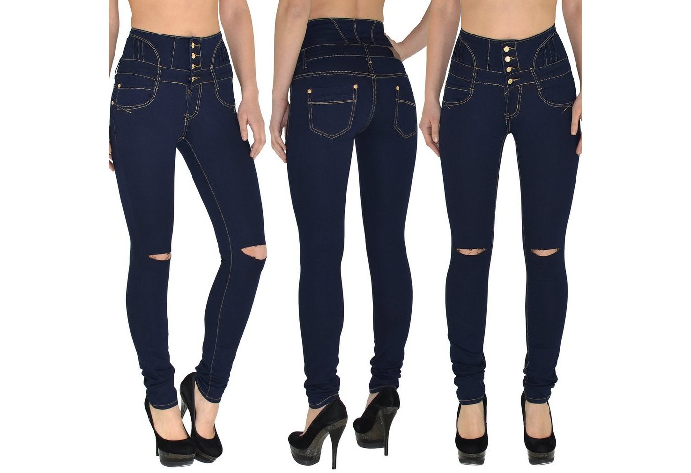 ESRA Skinny-fit-Jeans J22 Risse Damen Skinny Jeans, Damen High Waist Jeanshose, Damen Destroyed Jeans Hose mit 4-Knöpfen, Destroyed Skinny Fit Jeans mit Stretch und hohem Bund, Damen Skinny Fit Jeans Hose High Waist mit 4 Knopf, Damen Jeanshose mit Risse und mehreren Knöpfen, bis Übergröße Plussize Große Größen, Sehr enge Damen Röhrenjeans mit hoher Leibhöhe, Jeans Skinny Damen Hose High Waist von ESRA