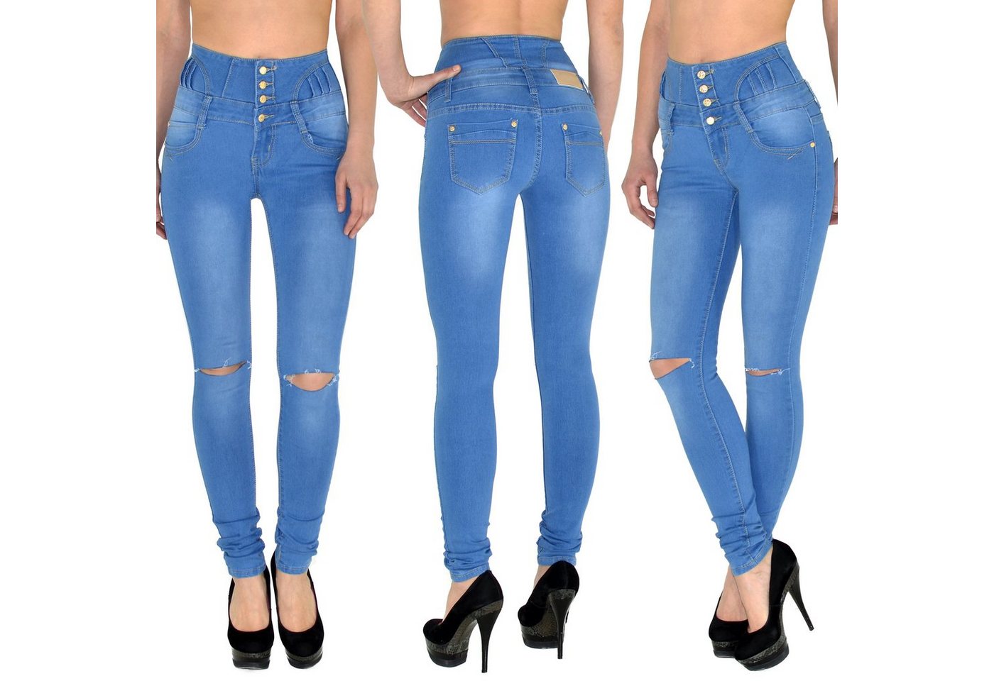 ESRA Skinny-fit-Jeans J22 Risse Damen Skinny Jeans, Damen High Waist Jeanshose, Damen Destroyed Jeans Hose mit 4-Knöpfen, Destroyed Skinny Fit Jeans mit Stretch und hohem Bund, Damen Skinny Fit Jeans Hose High Waist mit 4 Knopf, Damen Jeanshose mit Risse und mehreren Knöpfen, bis Übergröße Plussize Große Größen, Sehr enge Damen Röhrenjeans mit hoher Leibhöhe, Jeans Skinny Damen Hose High Waist von ESRA