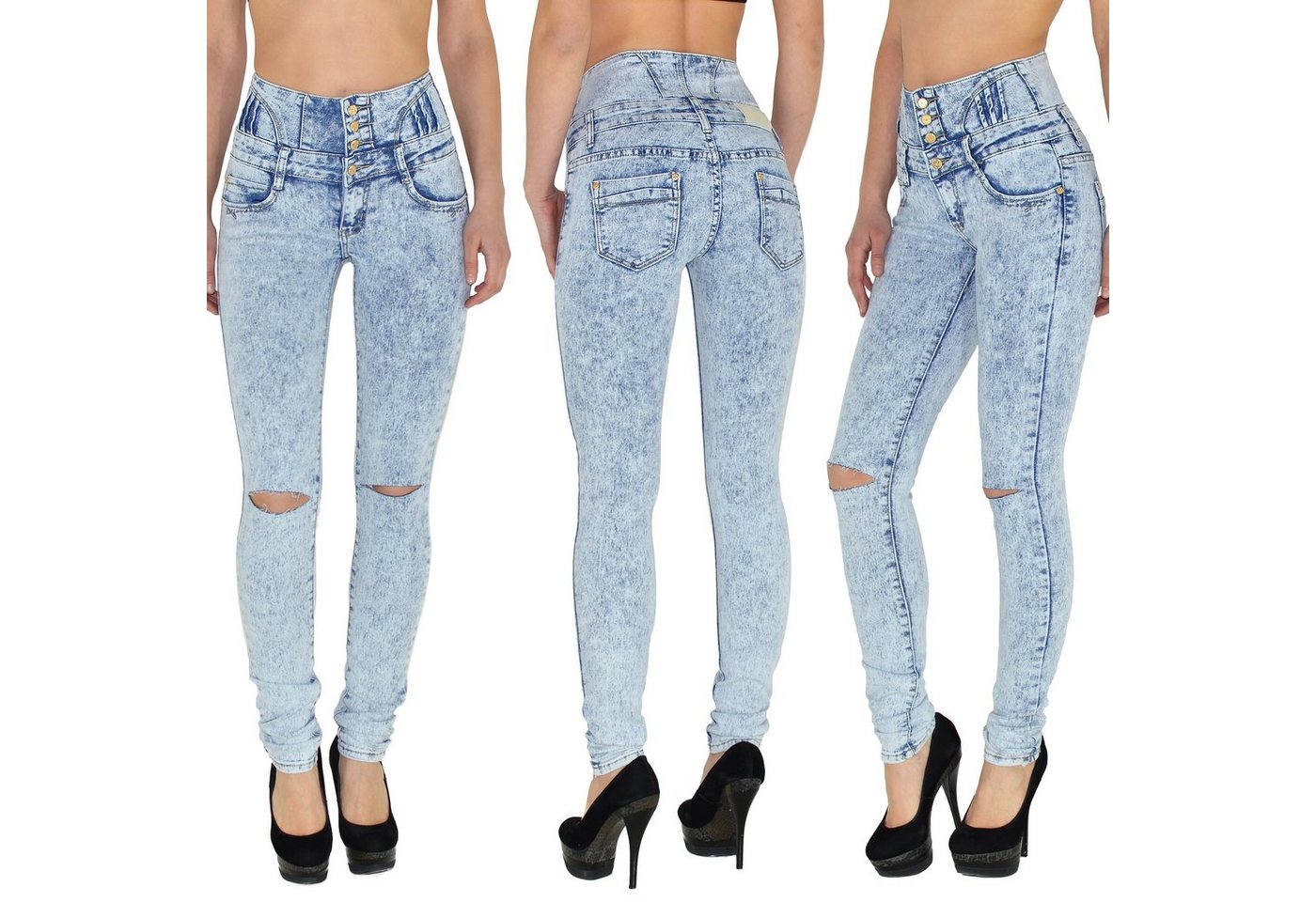 ESRA Skinny-fit-Jeans J22 Risse Damen Skinny Jeans, Damen High Waist Jeanshose, Damen Destroyed Jeans Hose mit 4-Knöpfen, Destroyed Skinny Fit Jeans mit Stretch und hohem Bund, Damen Skinny Fit Jeans Hose High Waist mit 4 Knopf, Damen Jeanshose mit Risse und mehreren Knöpfen, bis Übergröße Plussize Große Größen, Sehr enge Damen Röhrenjeans mit hoher Leibhöhe, Jeans Skinny Damen Hose High Waist von ESRA