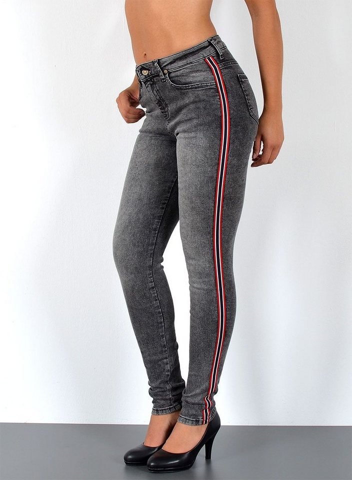 ESRA Skinny-fit-Jeans J330 Damen High Waist Skinny Jeans mit Streifen, bis Übergröße / Plussize Große Größe, Enge Röhrenjeans mit Galonstreifen hohe Leibhöhe, Damen enge Skinny Hose mit Seitenstreifen und Stretch, Damen Stretchjeans Skinny mit weißen Streifen, Damen Skinny Hose rote Streifen von ESRA