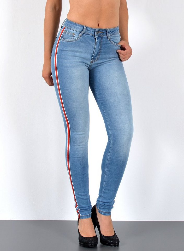 ESRA Skinny-fit-Jeans J330 Damen High Waist Skinny Jeans mit Streifen, bis Übergröße / Plussize Große Größe, Enge Röhrenjeans mit Galonstreifen hohe Leibhöhe, Damen enge Skinny Hose mit Seitenstreifen und Stretch, Damen Stretchjeans Skinny mit weißen Streifen, Damen Skinny Hose rote Streifen von ESRA