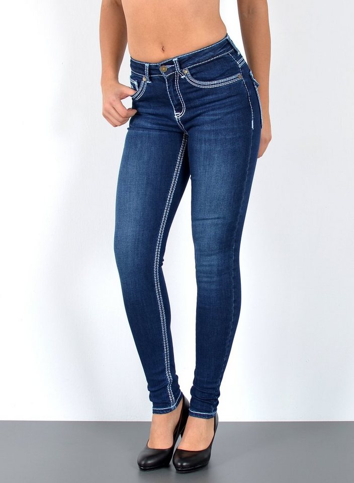 ESRA Skinny-fit-Jeans J420 Damen Skinny Jeans, High Waist, dicke Naht Jeans, bis Übergröße / Plussize, Enge Skinny Hose, dicke Kontrastnähte, hohe Leibhöhe, Stretch, bis Große Größen, Enge Skinny Röhrenjeans, Hoch Bund, mit weißer Naht, mit roter Naht, Taille Jeans, Skinny, Hose von ESRA