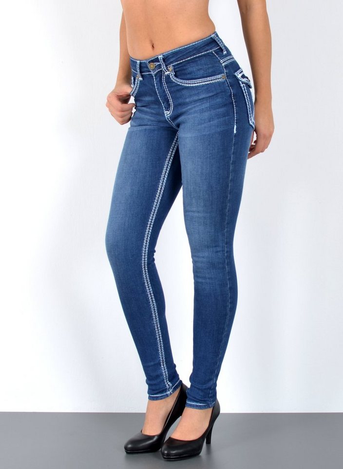 ESRA Skinny-fit-Jeans J420 Damen Skinny Jeans, High Waist, dicke Naht Jeans, bis Übergröße / Plussize, Enge Skinny Hose, dicke Kontrastnähte, hohe Leibhöhe, Stretch, bis Große Größen, Enge Skinny Röhrenjeans, Hoch Bund, mit weißer Naht, mit roter Naht, Taille Jeans, Skinny, Hose von ESRA